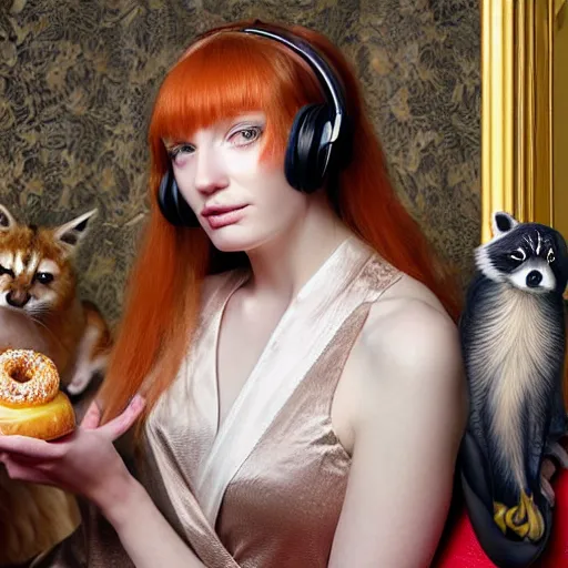 Image similar to a stunning hyper-detailed photo of a slender beautiful woman with straight long ginger hair and bangs, wearing a luxurious silk robe, wearing headphones and posing with her large ginger tabby cat and raccoon and parrots in a red overstuffed easy chair in her Victorian living room, holding a porcelain parrot-shaped coffee mug and a donut, perfect eyes, fashion photography, dramatic cinematic lighting, octane render, IBEX Masters, unreal engine, 85 mm lens, paisley wallpaper