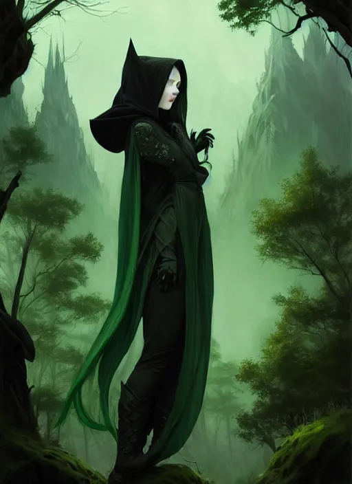 Image similar to side portrait dark witch with hood, adventurer outfit large cloak, fantasy forest landscape, moonshine, fantasy magic, undercut hairstyle, short green black fade hair, dark light night, intricate, elegant, sharp focus, illustration, highly detailed, digital painting, concept art, matte, art by WLOP and Artgerm and Greg Rutkowski and Alphonse Mucha, masterpiece