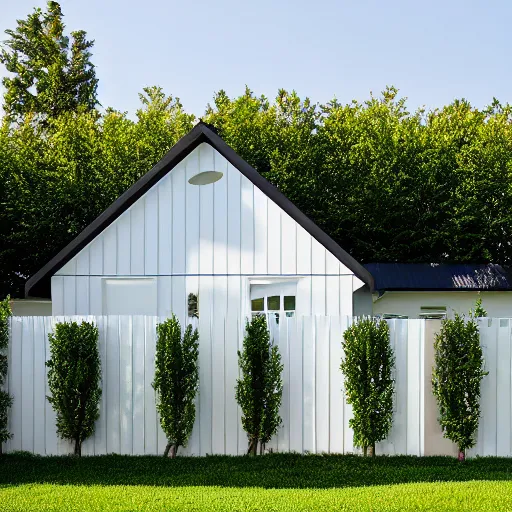 Image similar to Modern Farmhouse villa, white block fence, greenery growing, white plank siding, galvalume metal roofing, simple gable roofs, lush landscaping, sunny, napa,