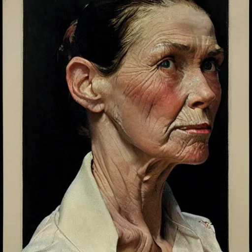 Image similar to A frontal portrait of a delicate, muscular and exhausted woman, by Norman Rockwell.