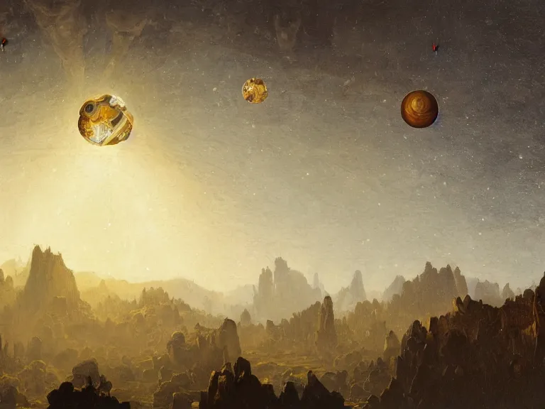 Prompt: an oil painting of an alien planet with a fractal crystal floating above the ground reflecting light by carl spitzweg and tuomas korpi. baroque elements, full-length view. baroque element. intricate artwork by caravaggio. Trending on artstation. 8k