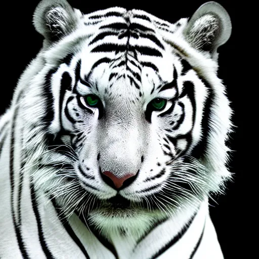 Image similar to photograph of a white tiger with piercing green eyes, galaxy in both eyes, dramatic lighting, dramatic lighting, beautiful, epic, glorious, extreme detail, 4k, award-winning