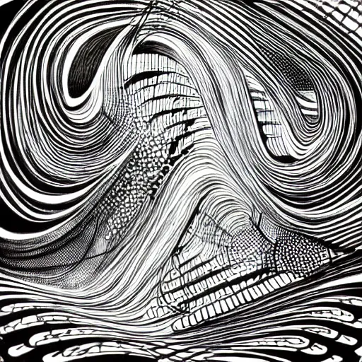 Prompt: abstract black and white concept art graphic painting illustrating diffusion process, overcomplicated, math inspired, hyper detailed, psychodelic, creepy