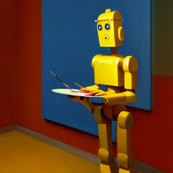 Image similar to beautiful illustration of a robot painting an artwork on a canvas with a paintbrush by Edward Hopper, colorful octane render