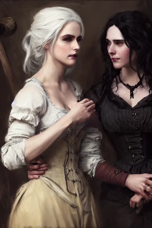 Prompt: Ciri from the Witcher in Victorian painting with Yennefer. by Daniel F. Gerhartz, hyperrealistic oil painting, 4k, studio lightning