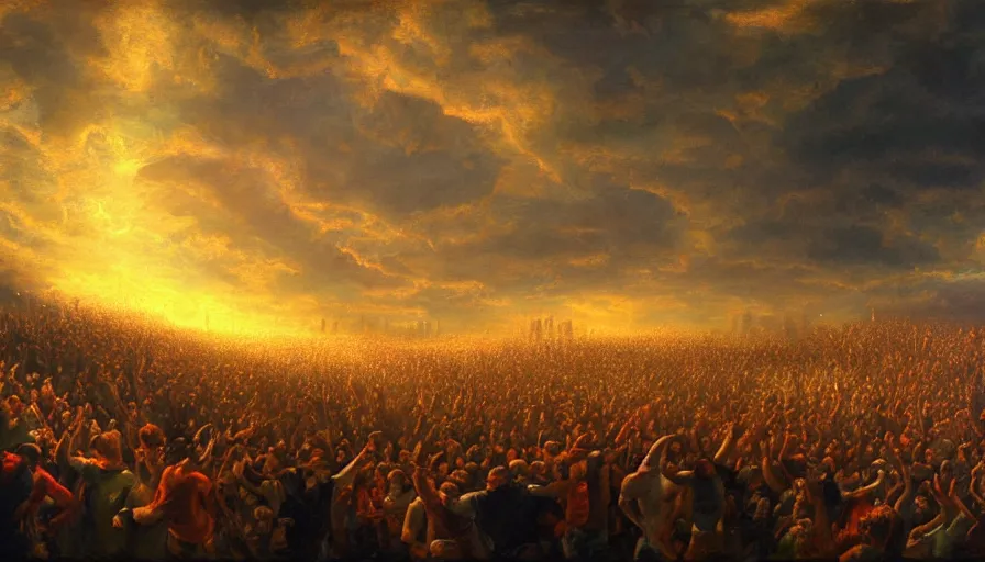 Prompt: painting of a panicked crowd pointing!! towards a glowing sky, raising their arms, volumetric lighting, nasty, hyperdetailed, realistic