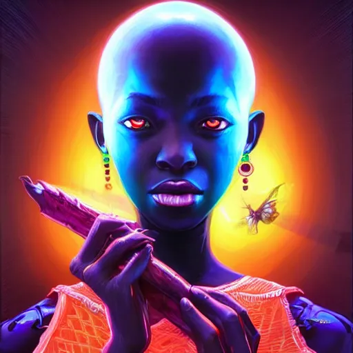 Image similar to african neon necromancer, science fiction, highly detailed, digital painting, beautiful eyes, symmetry, concept art, sharp focus, illustration, global illumination, radiant light, synthwave colors, detailed and intricate environment, art by artgerm and greg rutkowski and magali villeneuve and ilya kuvshinov!