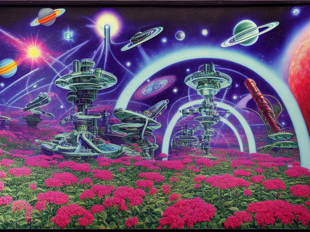 Image similar to a beautiful future for reality simulation, scientists and space flowers, utopian, by david a. hardy, wpa, public works mural, socialist