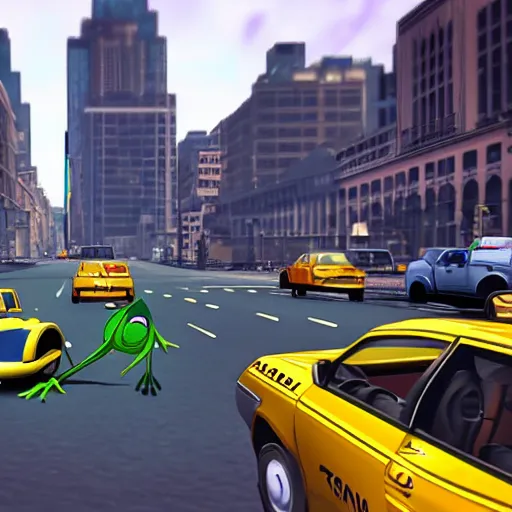 Image similar to ps 2 game about a frog driving a taxi, unreal 4 screenshot,