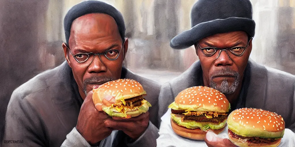 Image similar to highly detailed portrait painting of samuel l jackson eating burger sitting on square near moscow kremlin, balalaika, perfect symmetrical eyes, by eddie mendoza and tyler edlin, 8 k resolution