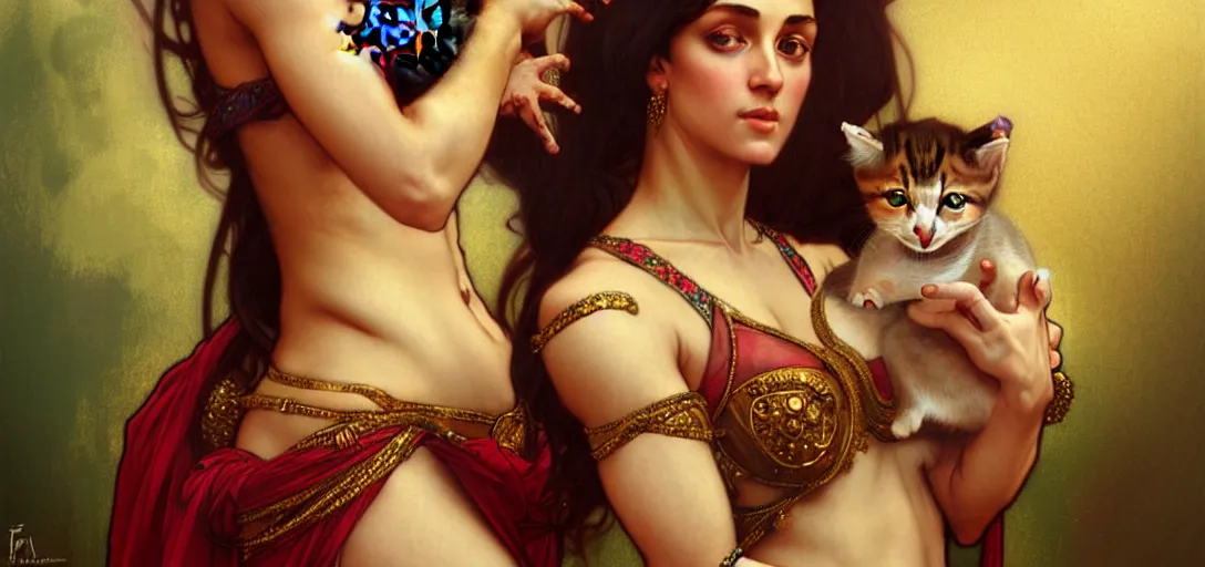 Prompt: renaissance full body portrait of a female bellydancer with a kitten, lean and toned, cute face, d & d, intricate, elegant, highly detailed, digital painting, artstation, concept art, matte, sharp focus, illustration, art by da vinci, artgerm and greg rutkowski and alphonse mucha