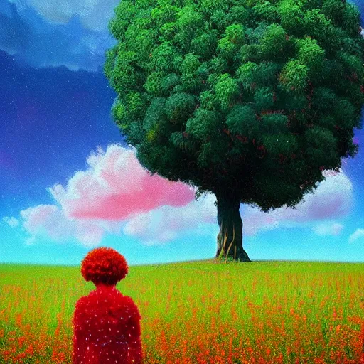 Prompt: giant red flower afro, girl standing in a field with flowers, surreal photography, hills, big trees, sunrise dramatic light, impressionist painting, colorful clouds, digital painting, pointillism, artstation, simon stalenhag