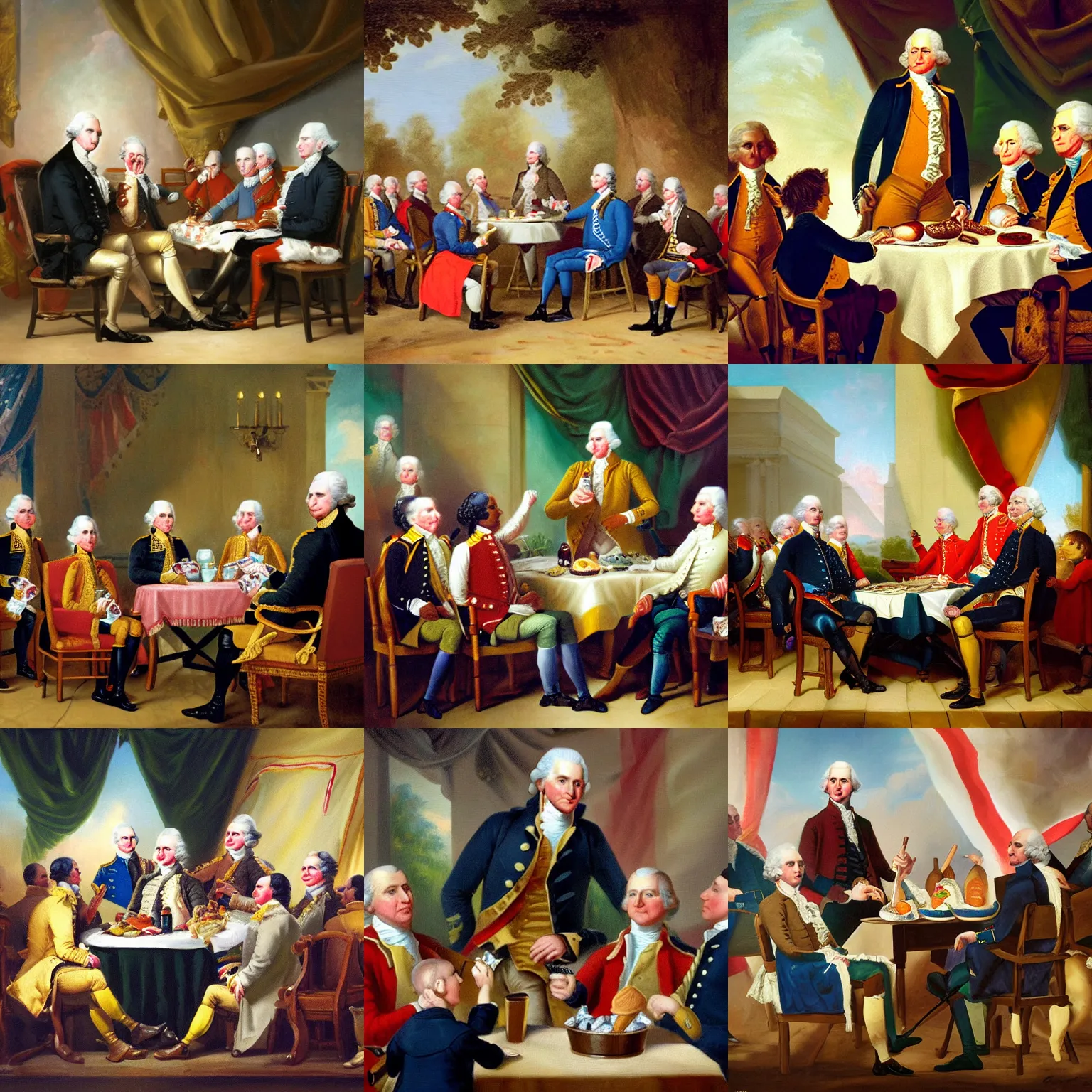 Prompt: oil painting depicting george washington sharing ice cream with his troops