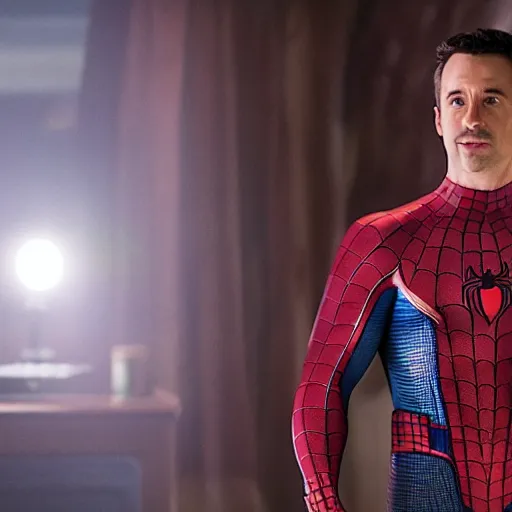 Image similar to freddie prinze jr. as spider man 8 k resolution, cinematic lighting, anatomically correct, realistic a scene from the film