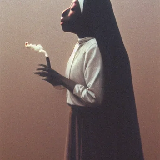 Image similar to a young black nun smoking and puffing lots of smoke, minimalistic background, by Beksinski