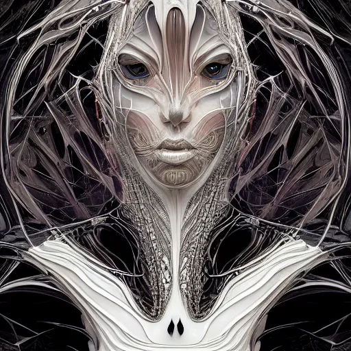 Image similar to dmt elf portrait by zaha hadid, iris van herpen and rick owens. highly detailed, hyper - real, very beautiful, intricate fractal details, very complex, opulent, epic, mysterious, polished, futuristic design, trending on deviantart and artstation