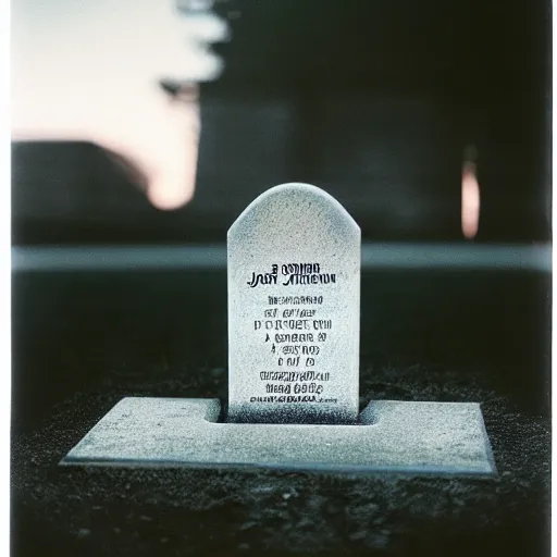 Prompt: a headstone with justin sun hologram, by annie leibovitz, shallow depth of field, cinematic lighting, dystopian futurism