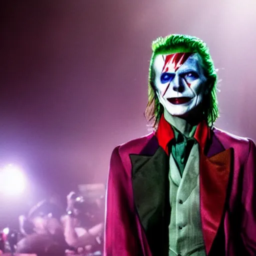 Image similar to awe inspiring David Bowie pkaying The Joker 8k hdr movie still dynamic lighting