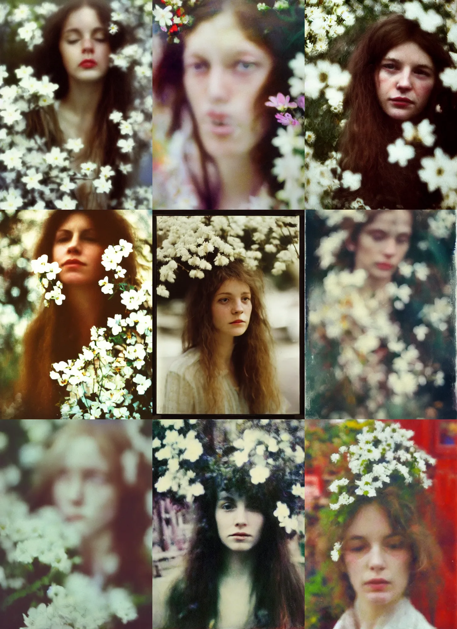 Prompt: out of focus photorealistic portrait of a beautiful hippie woman by saul leiter, very blurry, white flowers in the hair