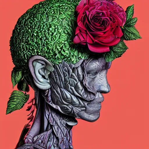 Image similar to the anatomy of a head of lettuce with roses that resembles a beautiful woman, an ultrafine detailed painting by james jean, intricate linework, bright colors, final fantasy, behance contest winner, vanitas, angular, altermodern, unreal engine