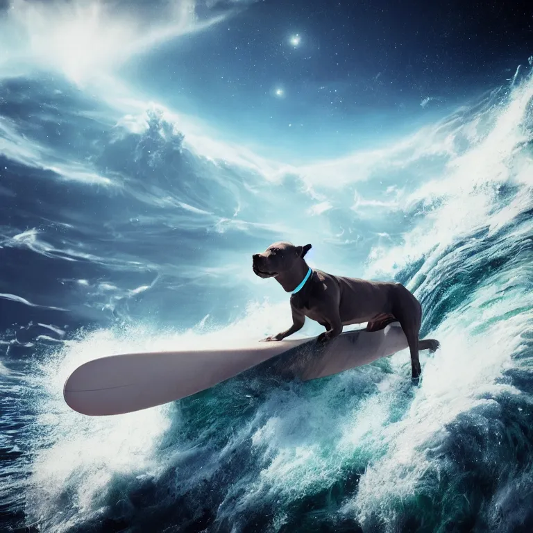 Image similar to photo of a skinny dark gray coat pit bull with a white paws and a white nose!, surfing on a surfboard in a crashing wave of alien galaxy, trending on art station, ocean in space, background is an alien galaxy, aliens in the background, alien colors, octane render, unreal engine, wide view, 8 k, highly detailed