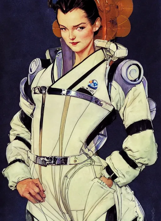 Image similar to a copic maker art nouveau portrait nobara kugisaki futuristic latex pilot suit and a puffy kimono by john berkey norman rockwell