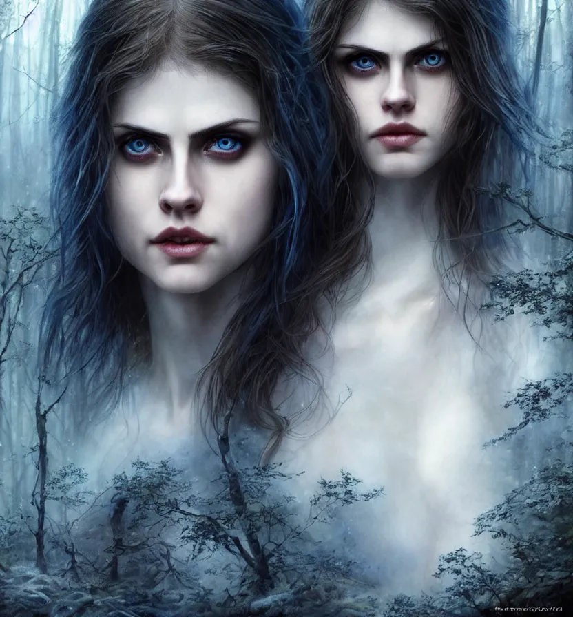 Image similar to photo of a gorgeous nordic female, covered in blue blood, in a dark forest, alexandra daddario face!, realistic, sharp focus, 8 k high definition, insanely detailed, intricate, elegant, art by stanley lau and artgerm, luis royo, greg kutkowski