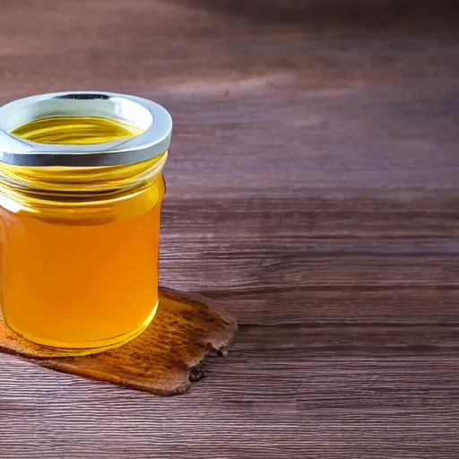 Prompt: a jar of honey in a beehive, product photo