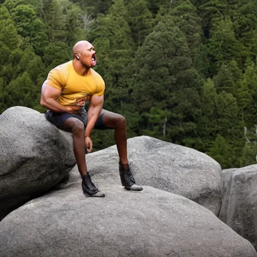 Prompt: dwayne the rock jonson standing on a rock and singing in a rock concert
