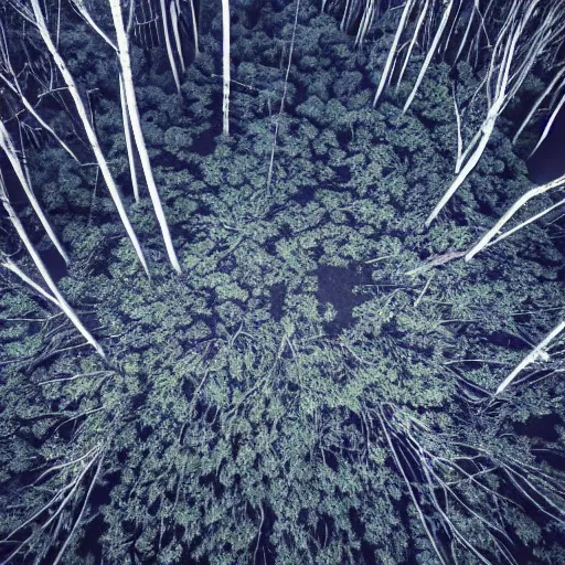 Image similar to Looking down at the forest floor, covered in fallen leaves, An indigo forest in Japan, dark, midnight, ghostly white trees