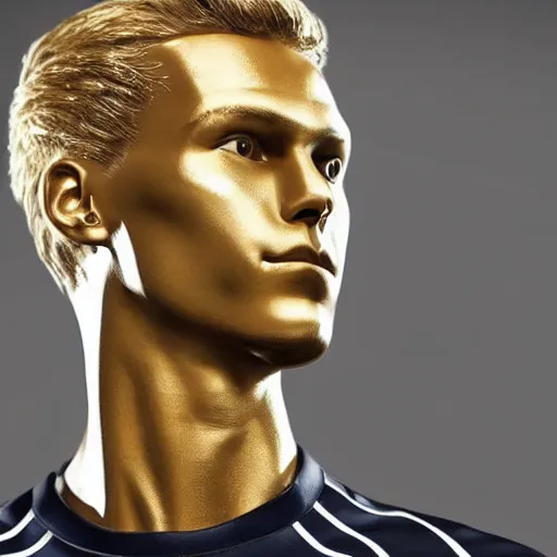 Image similar to a realistic detailed photo of a guy who is an attractive humanoid who is half robot and half humanoid, who is a male android, soccer player martin ødegaard, shiny skin, posing like a statue, blank stare, in a living room, on display, showing off his muscles, gold soccer shorts, side view