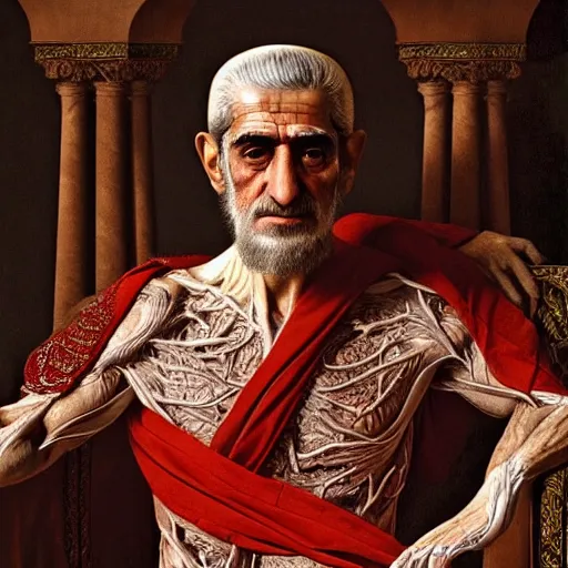 Image similar to The Shah of Iran with translucent skin, visible muscles and veins and arteries and bones and spine and nerves, beautiful detailed intricate insanely detailed octane render, 8K artistic photography, photorealistic, chiaroscuro, by David Cronenberg, Raphael, Caravaggio