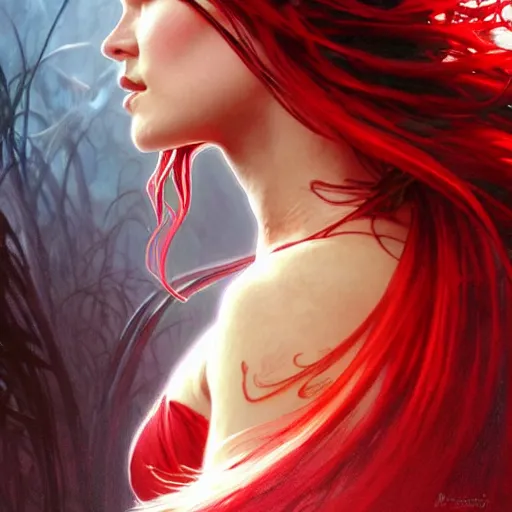 Prompt: beautiful Marie Avgeropoulos as Red Queen, Blodreina, sci-fi, closeup, D&D, fantasy, intricate, elegant, highly detailed, digital painting, artstation, concept art, matte, sharp focus, illustration, art by Artgerm and Greg Rutkowski and Alphonse Mucha