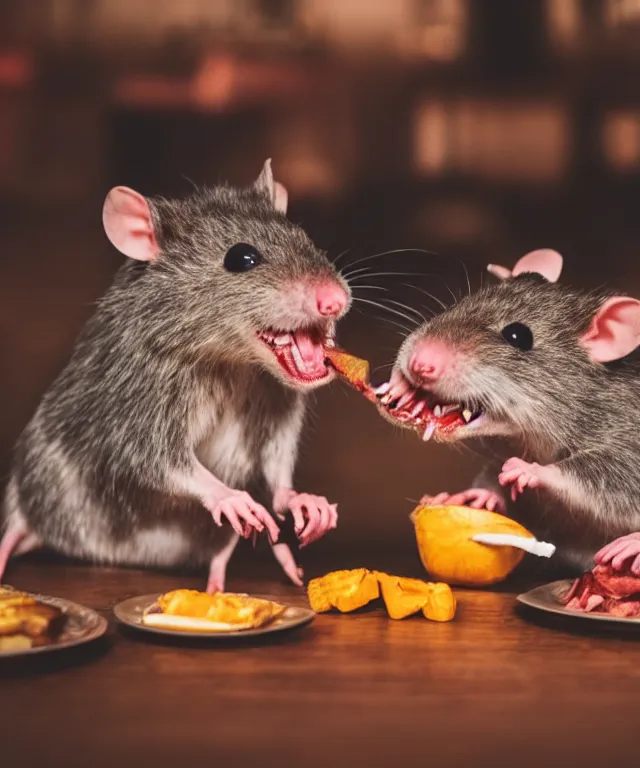 Image similar to high quality presentation photo of vicious anthropomorphic rats with sharp teeth eating meat, photography 4k f1.8 anamorphic bokeh 4k Canon Nikon