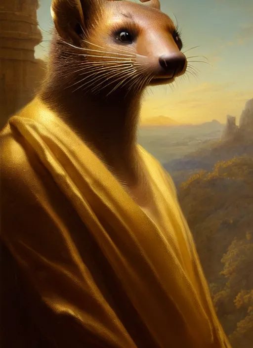 Image similar to a beautiful closeup shot from a fantasy film of a humanoid marten with golden eyes wearing a loose tunic. an anthropomorphic mustelid with gold eyes. portrait. joseph ducreux, greg rutkowski.