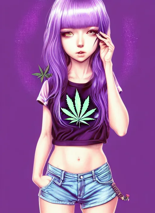 Image similar to richly detailed colored pencil 3 d illustration woman silky straight purple hair with iridescence wearing marijuana logo tshirt and short shorts, she staring at the camera happily art by range murata and artgerm.