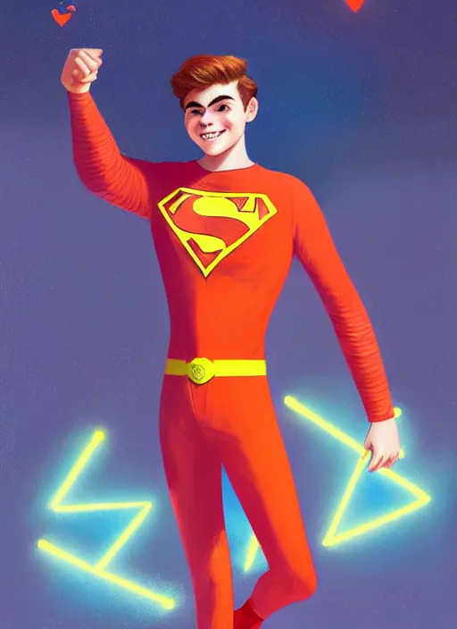 Image similar to kind teenage archie andrews wearing an orange superhero costume, freckles, superhero costume with heart emblem, cape, intricate, elegant, glowing lights, highly detailed, digital painting, artstation, sharp focus, illustration, art by wlop, mars ravelo and greg rutkowski