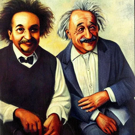 Prompt: Portrait of Albert Einstein and Leo Szilard smiling to each other, oil painting