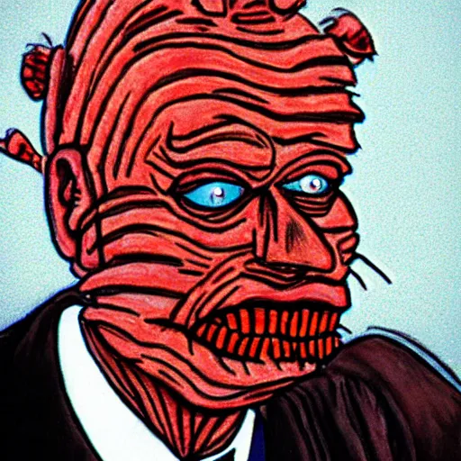 Prompt: beavis freddy krueger pinhead testifying in court, detailed faces