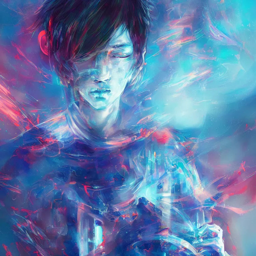 Image similar to # abstract painting of a # megical # boy, # mist # magic # spell, by yoshitaka amano and alena aenami