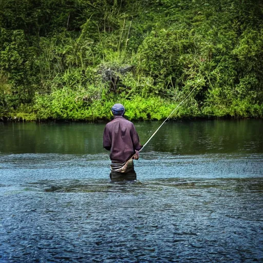 Prompt: photo of fisherman fishing next to the river, 4k, hq, high details, award winning photography