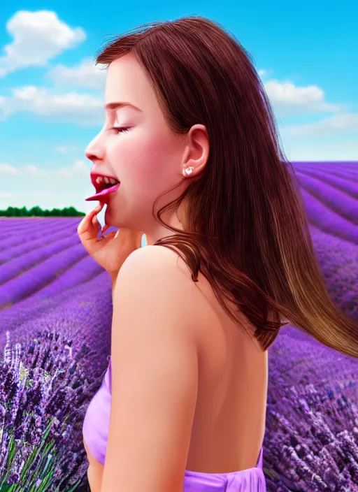 Prompt: girl eating a rose in a lavender field. by AquaSixio, hyperrealistic illustration, digital art, 4k, very detailed faces