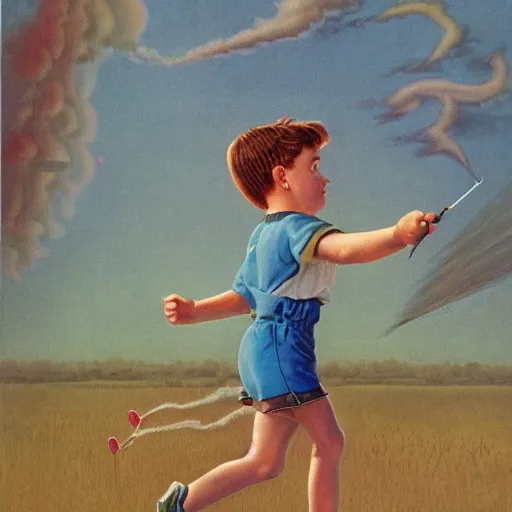 Prompt: a running child turning into vapor, mist, smoke, scissors in hand, a detailed matter painting by John Philip Falter