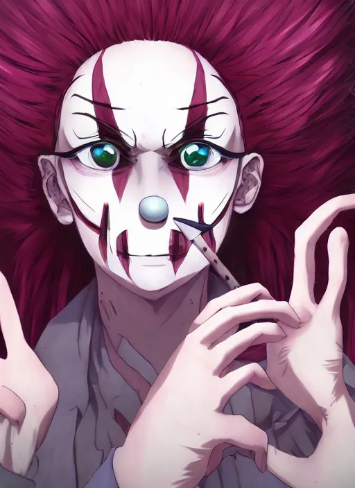 Image similar to portrait of the clown removing his makeup, anime fantasy illustration by tomoyuki yamasaki, kyoto studio, madhouse, ufotable, trending on artstation