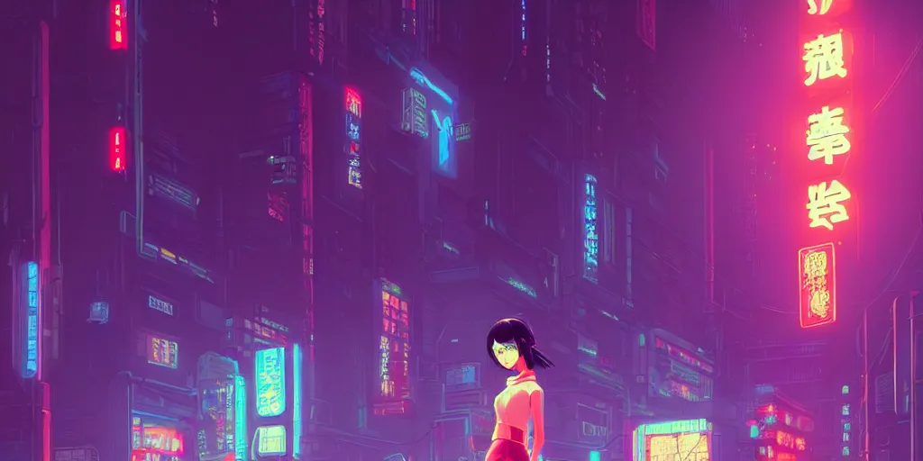 Image similar to digital illustration closeup of cyberpunk geisha in city street at night by makoto shinkai, ilya kuvshinov, lois van baarle, rossdraws, basquiat | afrofuturism, in the style of hearthstone, trending on artstation | cool color scheme