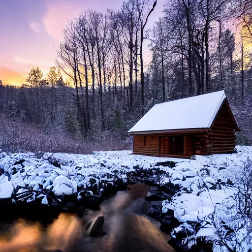 Prompt: a landscape picture of a cabin in a forest during winter with a stream of molten lava flowing next to it