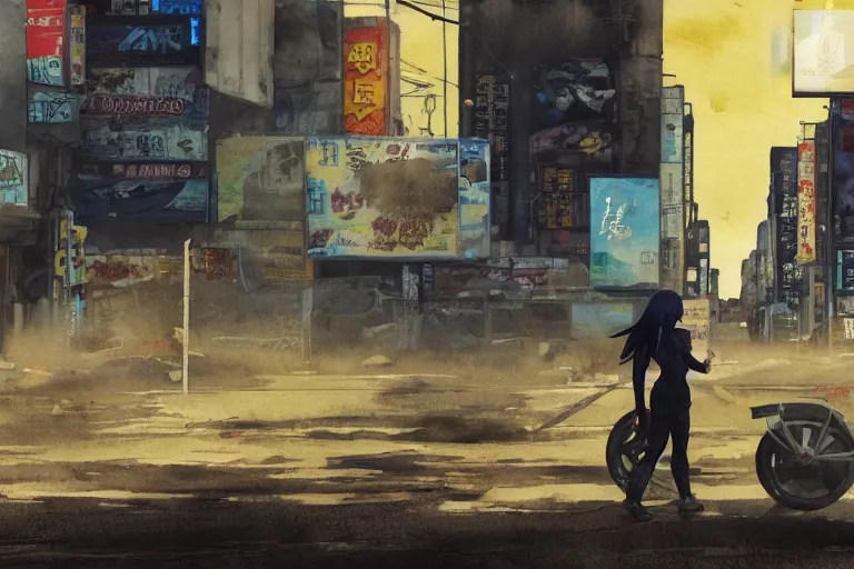 Image similar to incredible wide screenshot, ultrawide, simple watercolor, rough paper texture, ghost in the shell movie scene, backlit distant shot of girl in a parka running from a giant robot invasion side view, yellow parasol in deserted dusty shinjuku junk town, broken vending machines, bold graphic graffiti, old pawn shop, bright sun bleached ground, mud, fog, dust, windy, scary robot monster lurks in the background, ghost mask, teeth, animatronic, black smoke, pale beige sky, junk tv, texture, brown mud, dust, tangled overhead wires, telephone pole, dusty, dry, pencil marks, genius party,shinjuku, koji morimoto, katsuya terada, masamune shirow, tatsuyuki tanaka hd, 4k, remaster, dynamic camera angle, deep 3 point perspective, fish eye, dynamic scene