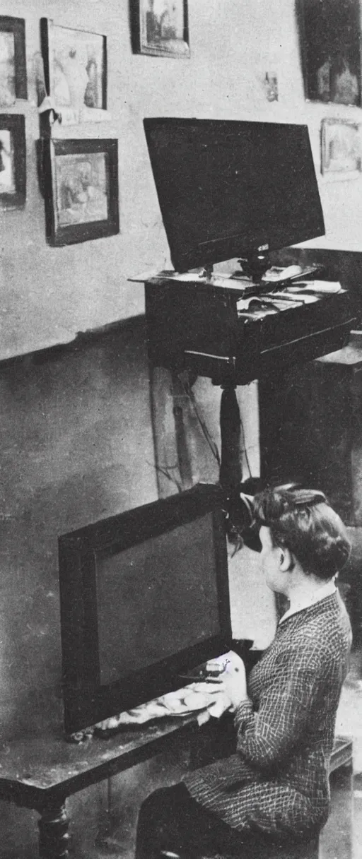 Image similar to 1 9 0 0 s photo of a person watching a flat screen hd tv