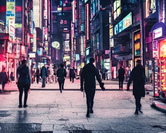 Prompt: front view of people walking down a cyberpunk street