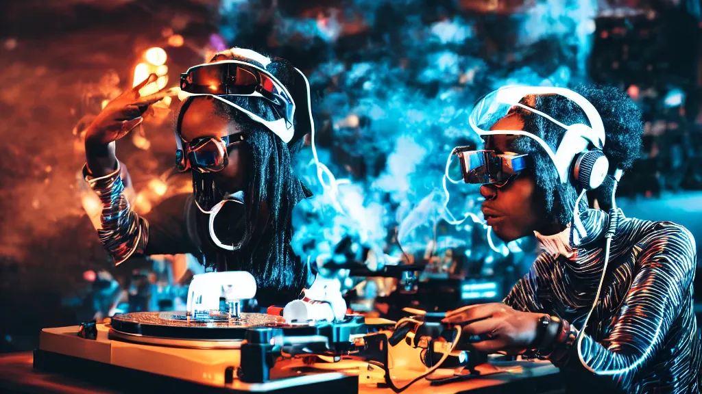 Image similar to a black woman wearing goggles and visor and headphones using an intricate clockwork record player turntable contraption, robot arms, turntablism dj scratching, intricate planetary gears, smoky atmosphere, cinematic, sharp focus, led light strips, bokeh, iridescent, black light, fog machine, hazy, lasers, spotlights, motion blur, color